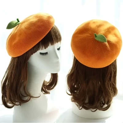 Beret Painter Hat Lady Cute little leaf beret fruit orange