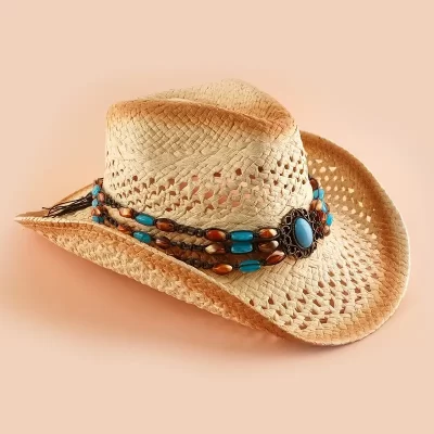Western Cowboy Straw Hat, Boho Summer Beach Hat, Hollow Hand Woven Faux Jade Chain Decor Hat For Women Men Unisex